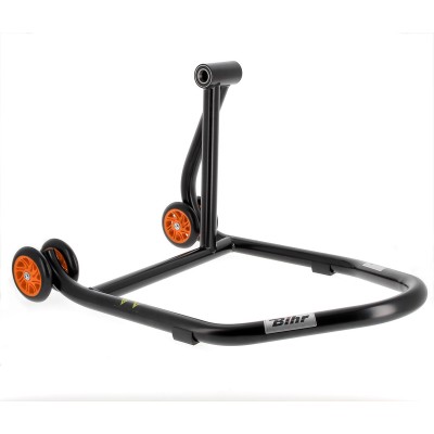 Caballete monobrazo derecho BIHR Home Track color negro mate y ruedas naranjas