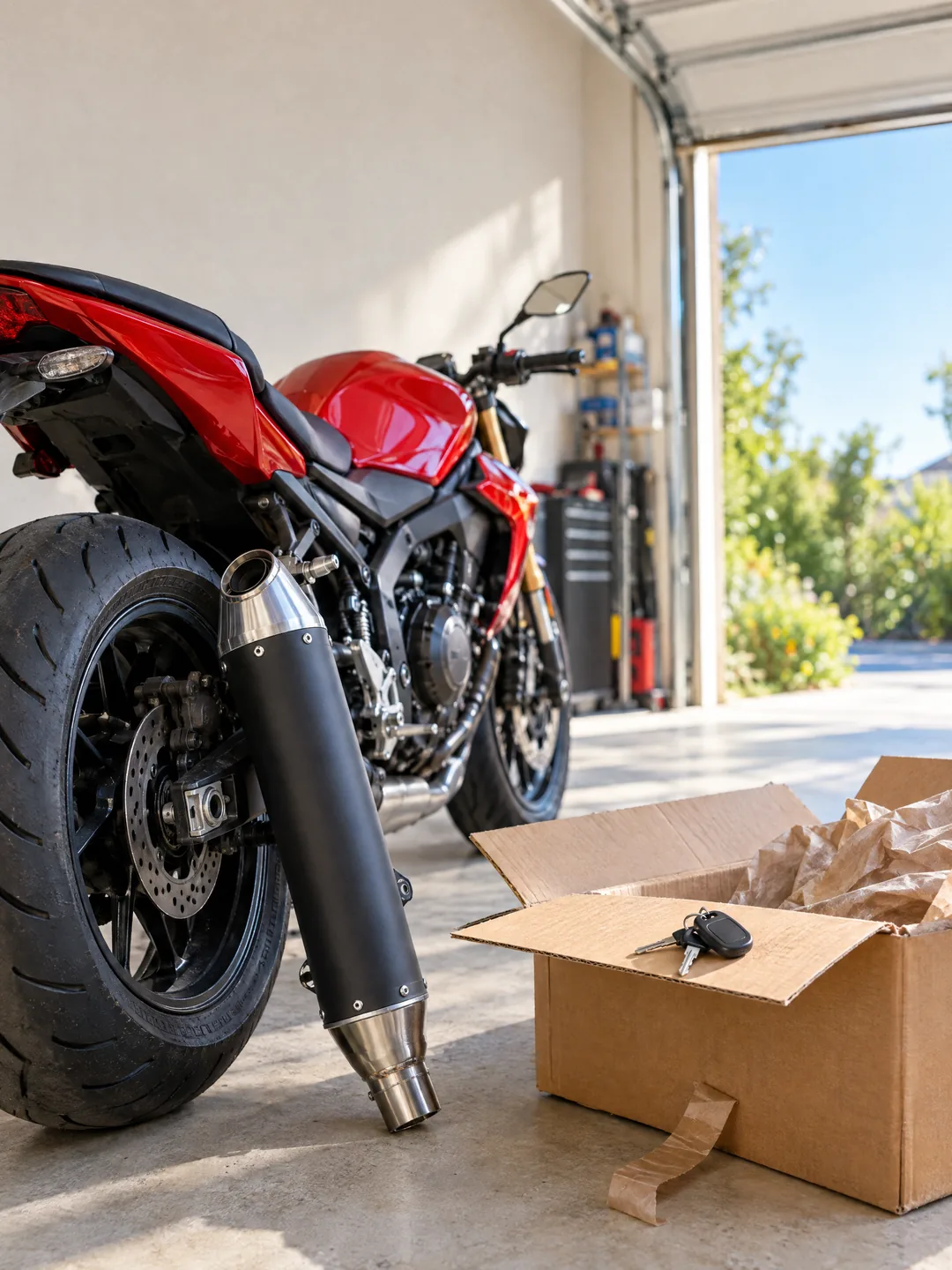 Moto en un garaje junto a una caja de pedido recién abierta