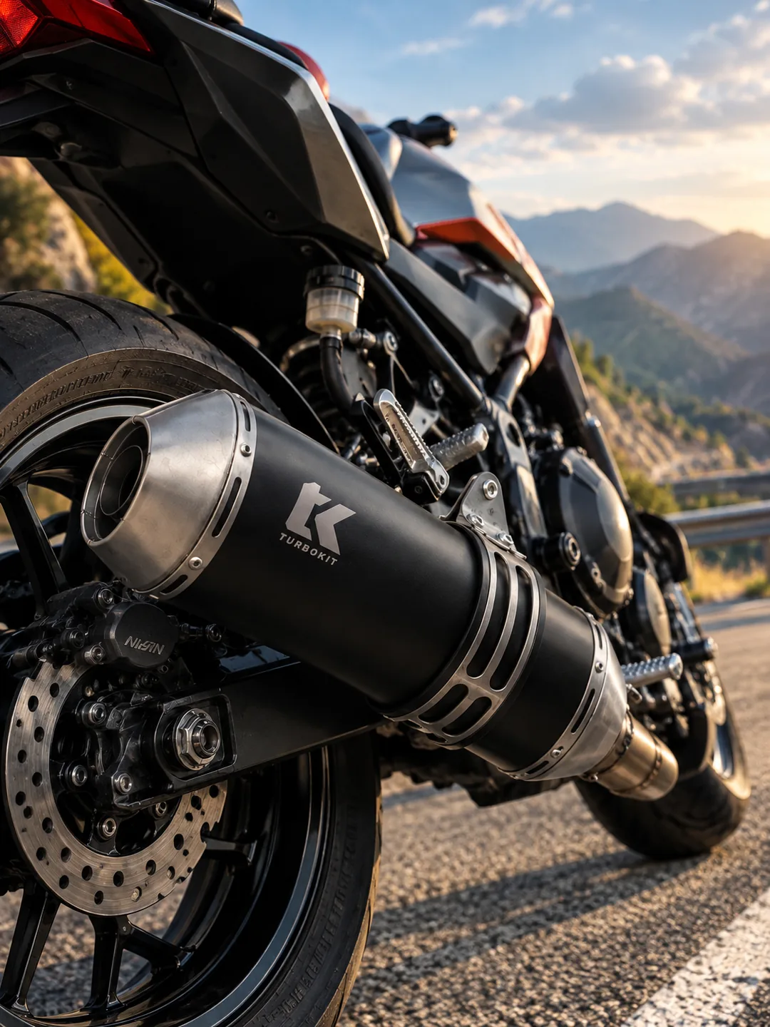Escape Turbo Kit montado en una moto, en carretera de montaña
