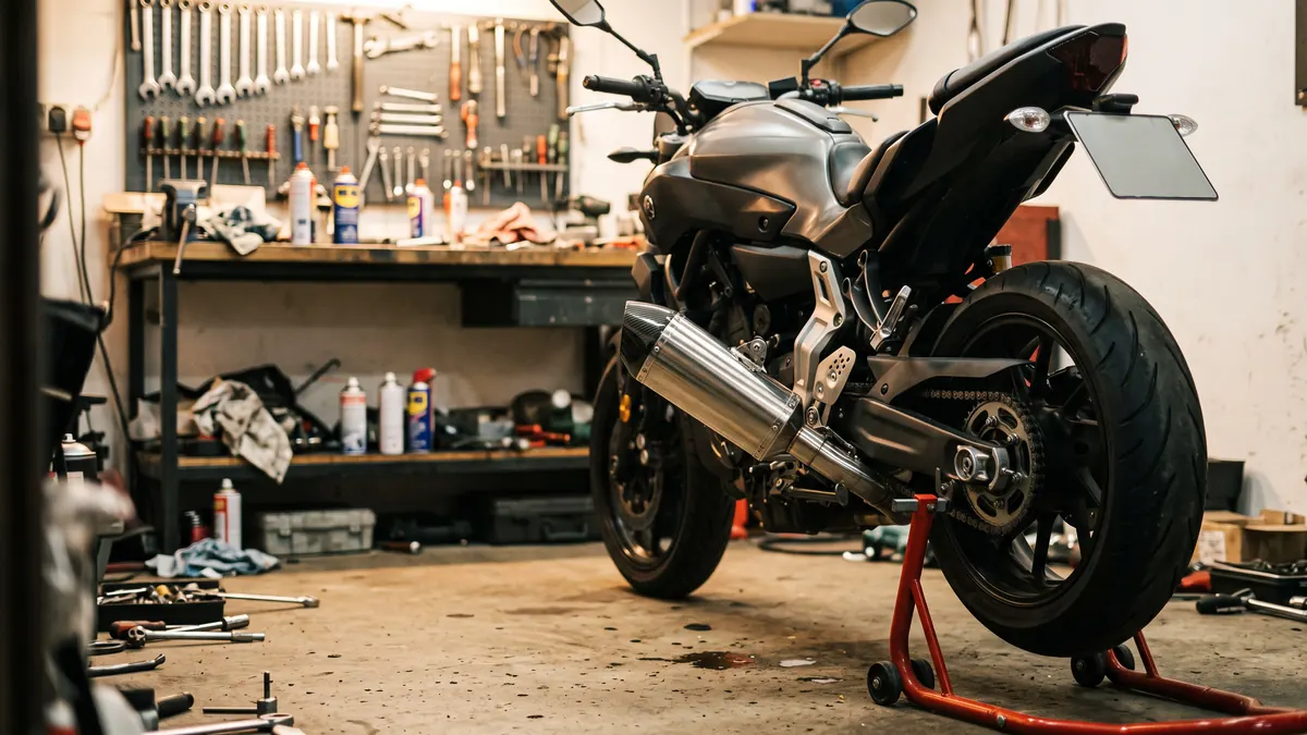 Moto deportiva en el taller con un escape nuevo de acero inoxidable y puntera de carbono