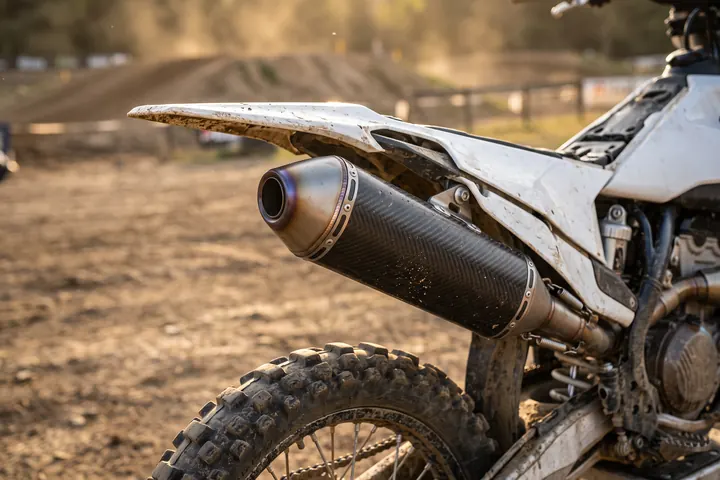 Escape de competición con funda de carbono en una moto de cross, en el paddock de un circuito de tierra