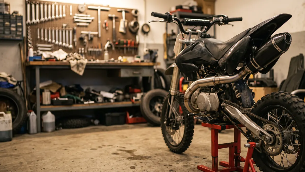 Pit bike en el caballete del taller con un escape nuevo de acero inoxidable y puntera de carbono
