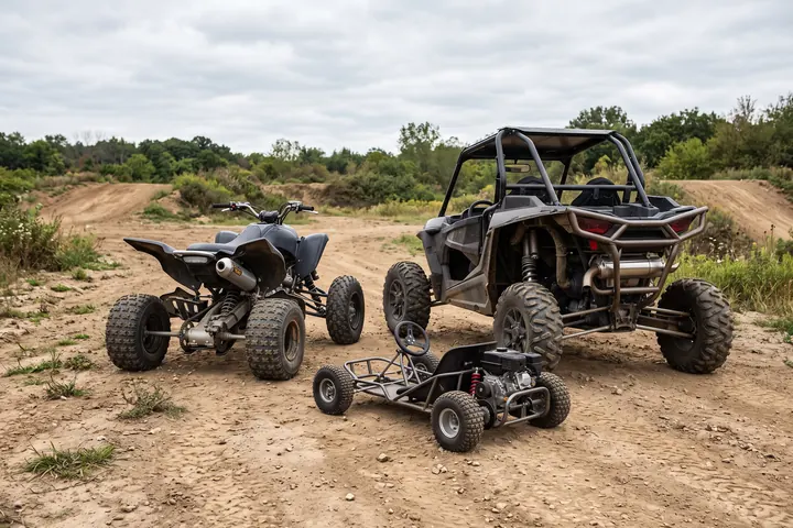 Quad deportivo y buggy con jaula aparcados en una pista de tierra, con un kart delante