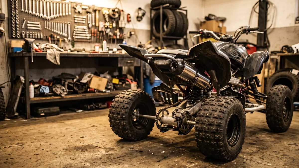 Quad deportivo en el taller con un escape nuevo de acero inoxidable y puntera de carbono